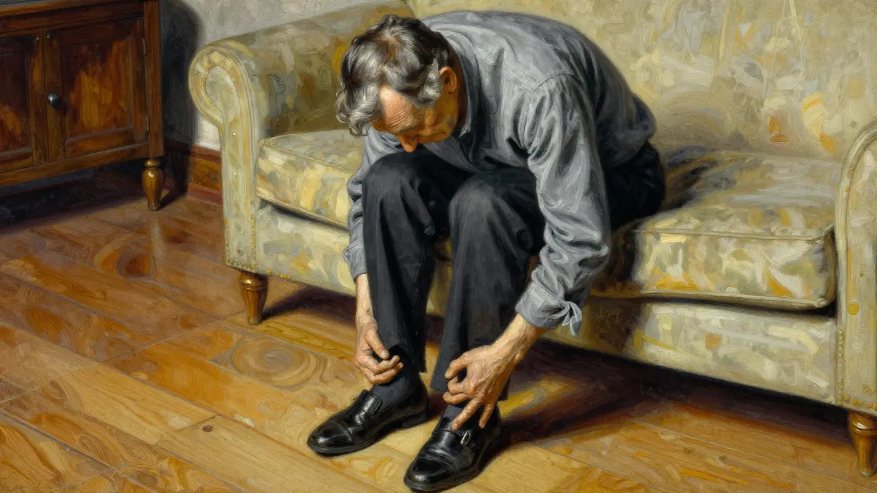 Older adult sits in chair appearing weak and dizzy.