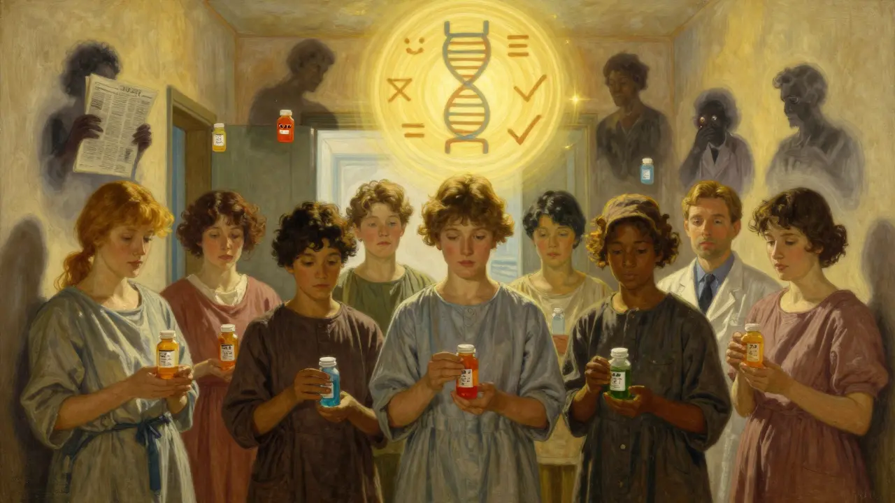 Patients stand calmly in a clinic, holding generic pills, as glowing scientific symbols dispel fading myths above them.