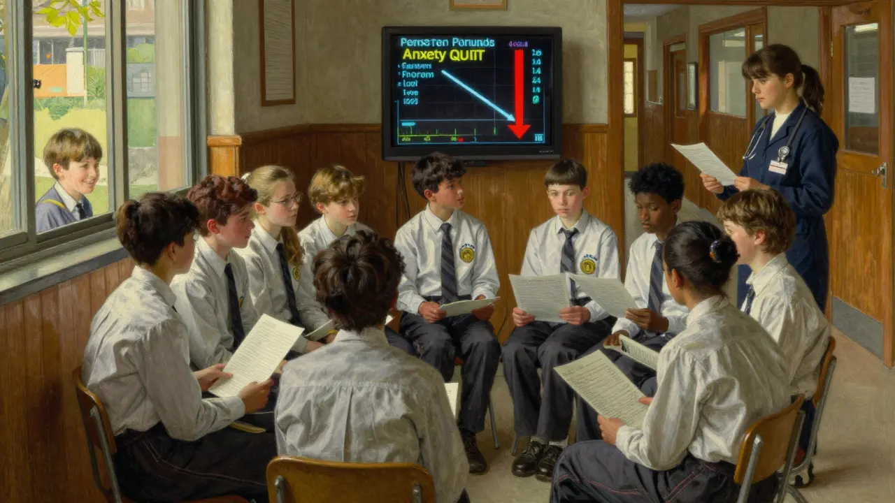 Teens and health workers revising a safety program, with a dashboard showing anxiety levels decreasing after changes.