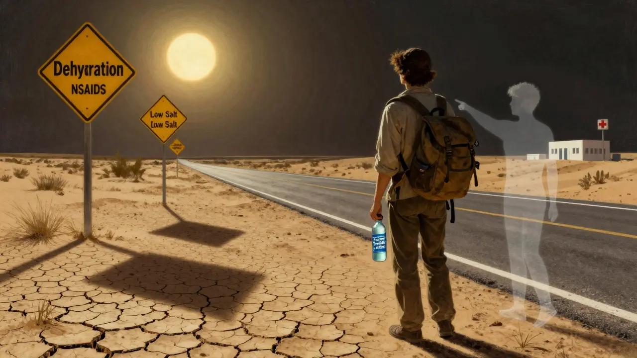 Traveler on desert highway with water bottle labeled 'Lithium Patient,' surrounded by warning symbols shaped as shadows.