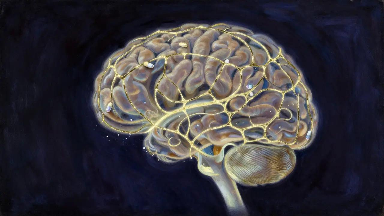 A conceptual illustration of medication particles crossing the blood-brain barrier into the brain