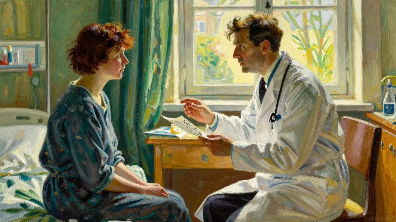 A doctor and patient discussing medication instructions during hospital discharge.