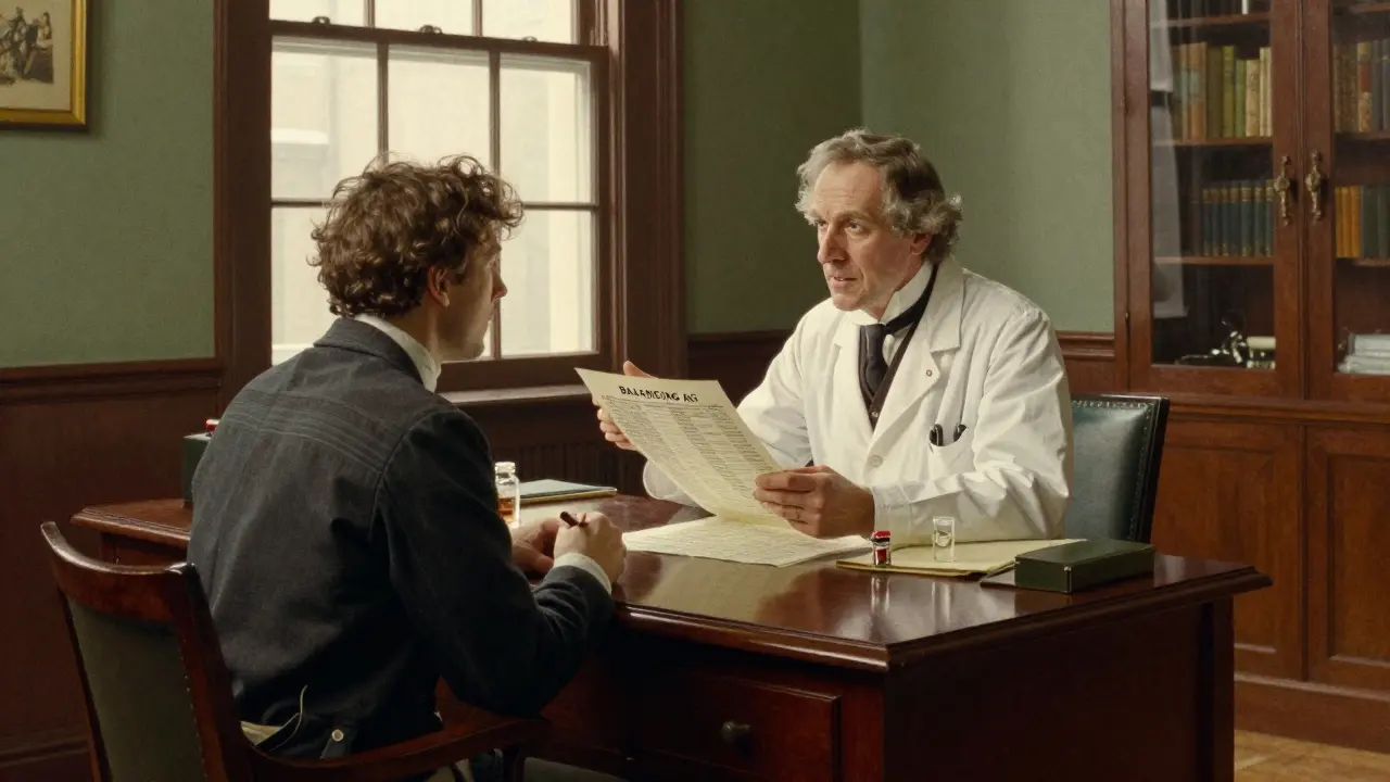 A doctor and patient discussing treatment options in a traditional medical office