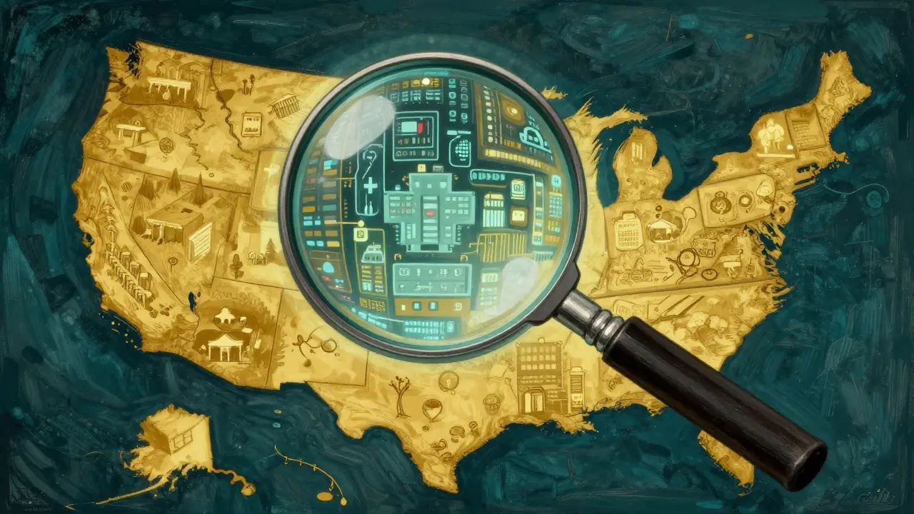 A large magnifying glass analyzing health data across a network of US hospitals.