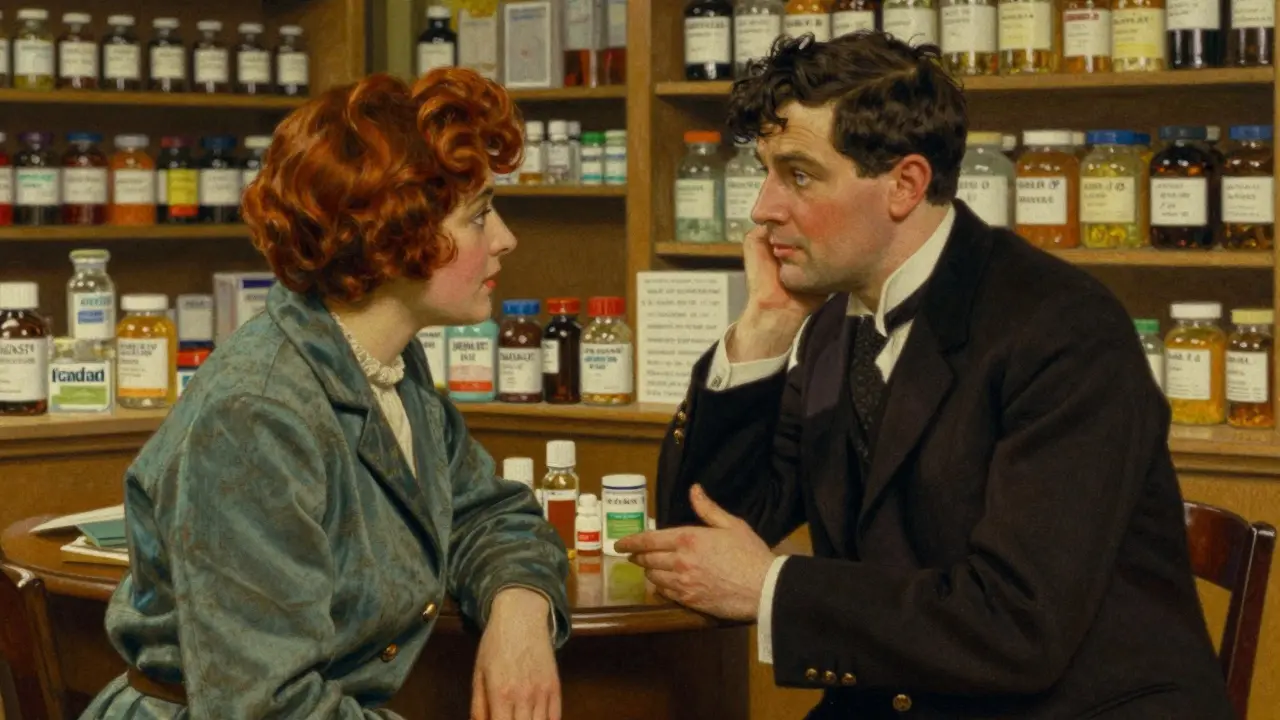 A patient and pharmacist having a consultation session in a classic pharmacy setting.