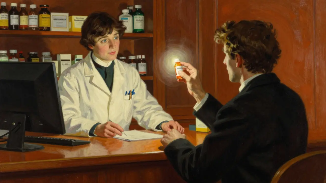 A patient inspecting a pill bottle at a pharmacy counter with a pharmacist nearby.