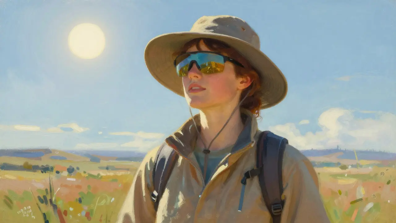 A person wearing protective UPF clothing and a hat in a bright outdoor setting.