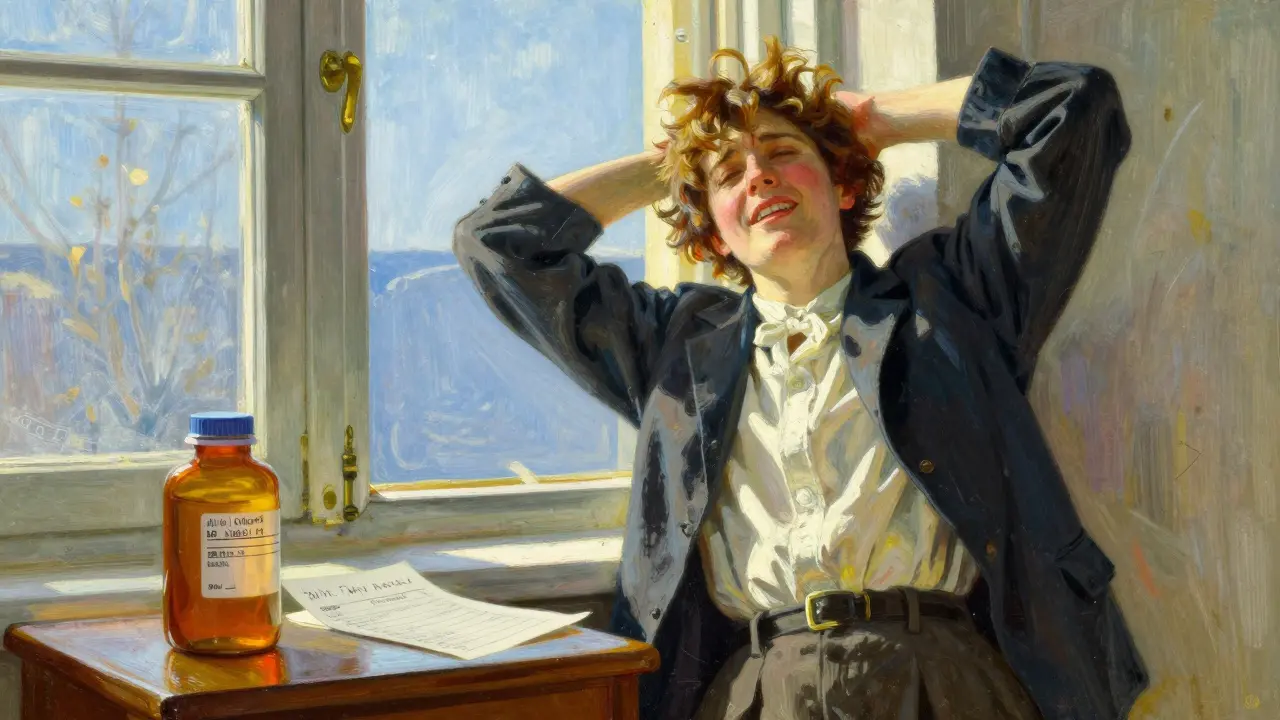 A relieved person standing in sunlight next to a bulk supply of medication