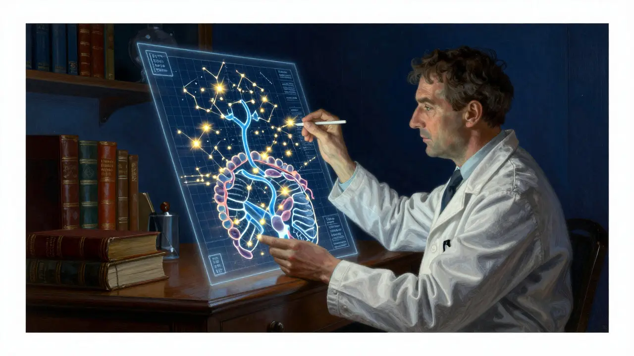 A scientist analyzing an immunological map for precision drug desensitization.