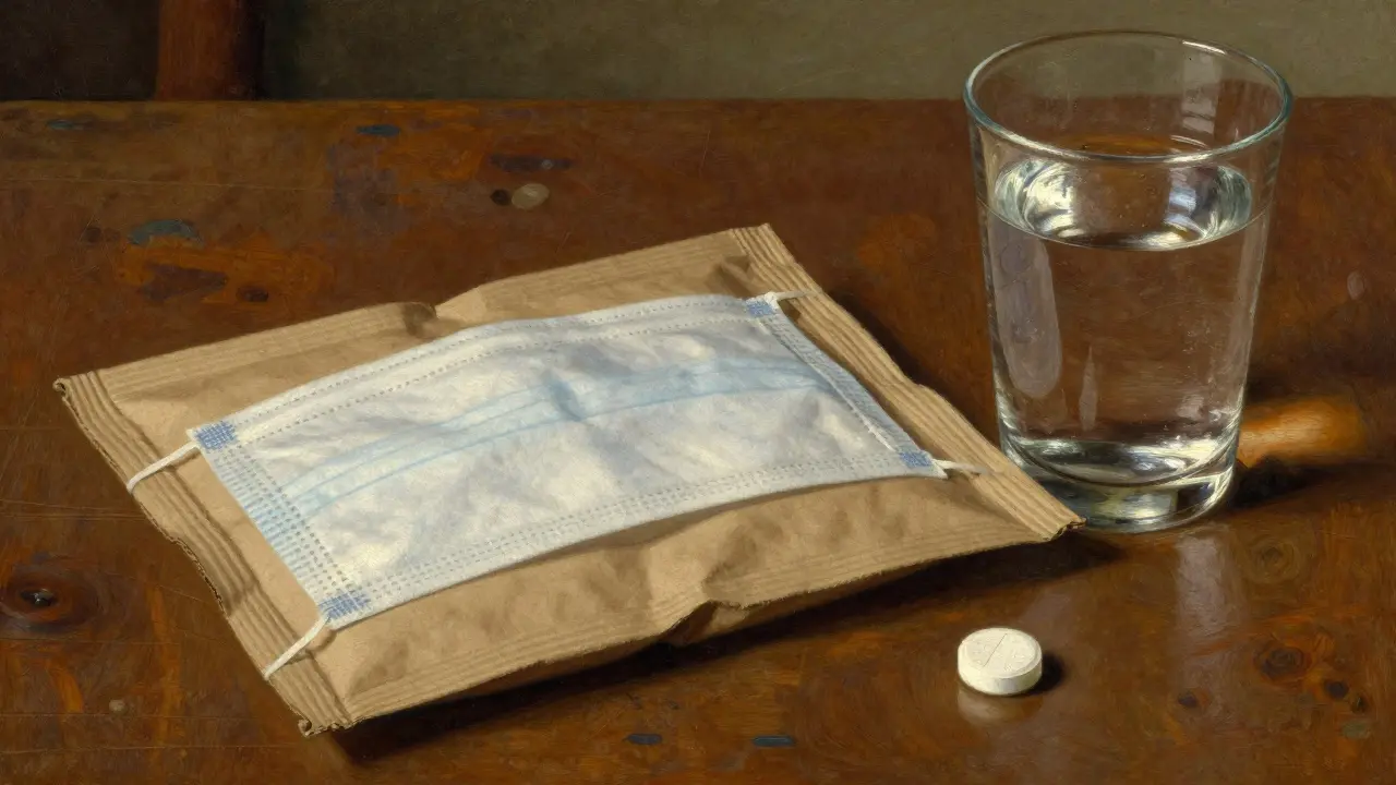 A secure medicine package and a single tablet on a rustic wooden table