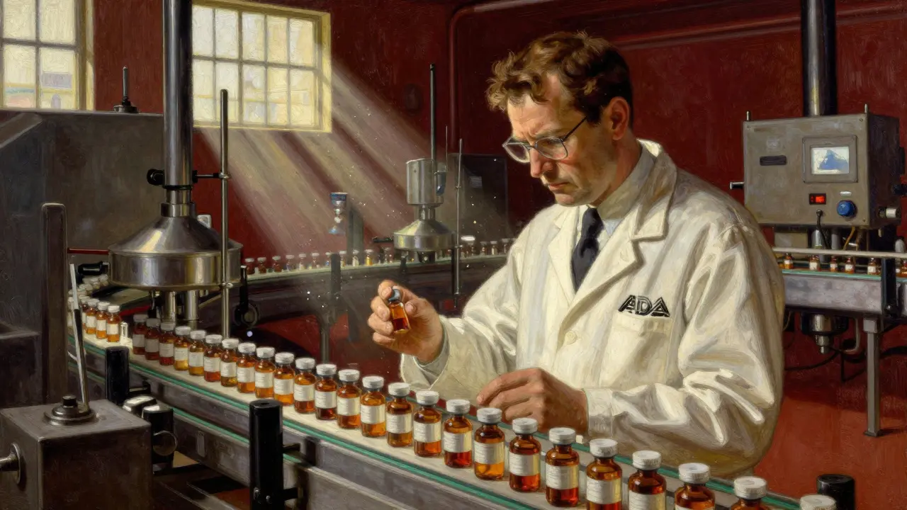An FDA inspector examining medication vials in a detailed industrial pharmaceutical factory.