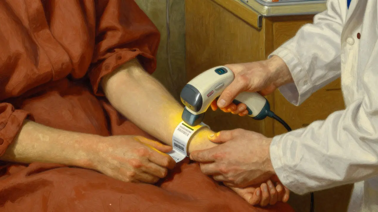 Close-up of a healthcare worker scanning a patient's wristband for medication safety.