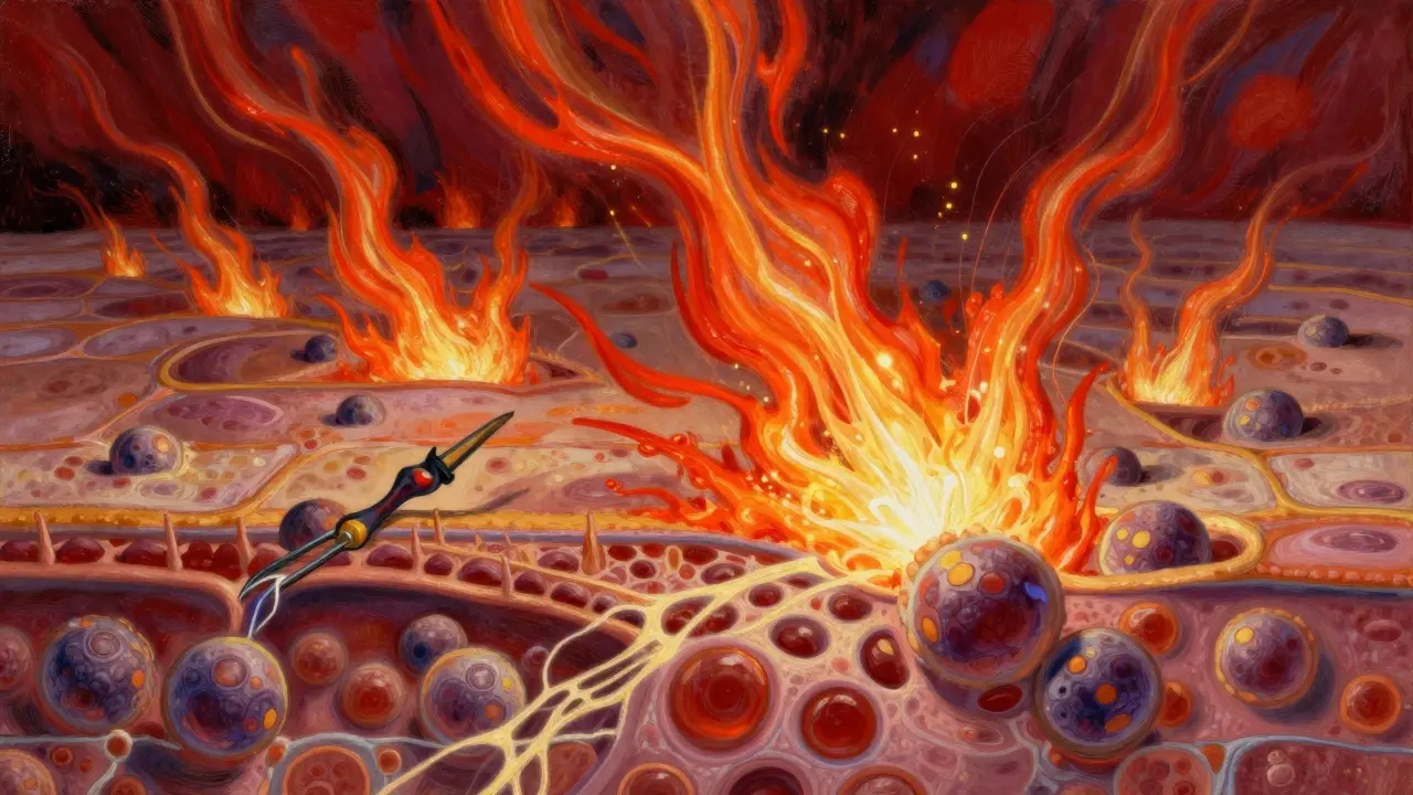 Conceptual artistic view of immune system inflammation and UV rays affecting skin cells.