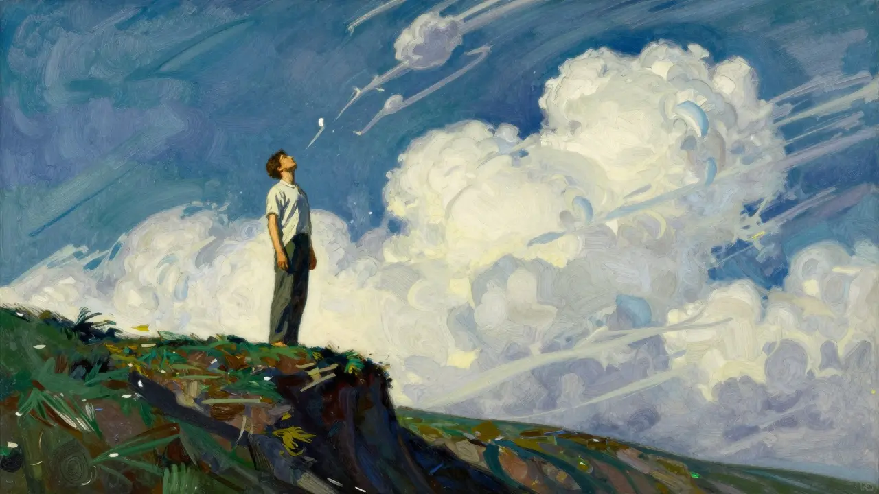 Person breathing deeply on a windy cliffside under a dramatic sky
