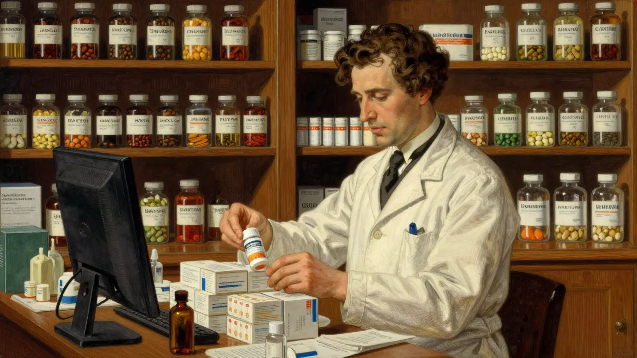 Professional pharmacist organizing a bulk shipment of medication in a classic pharmacy