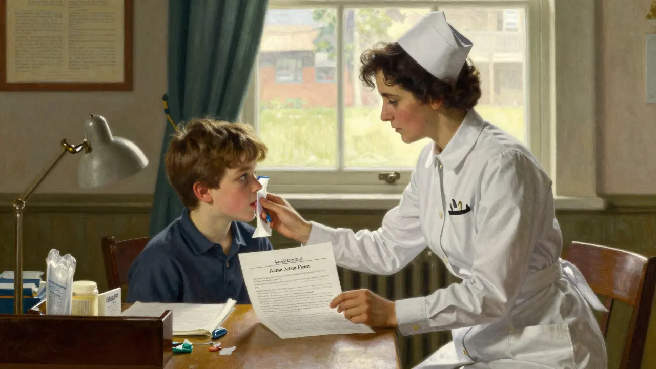 School nurse reviewing an asthma action plan with a student in a clinic
