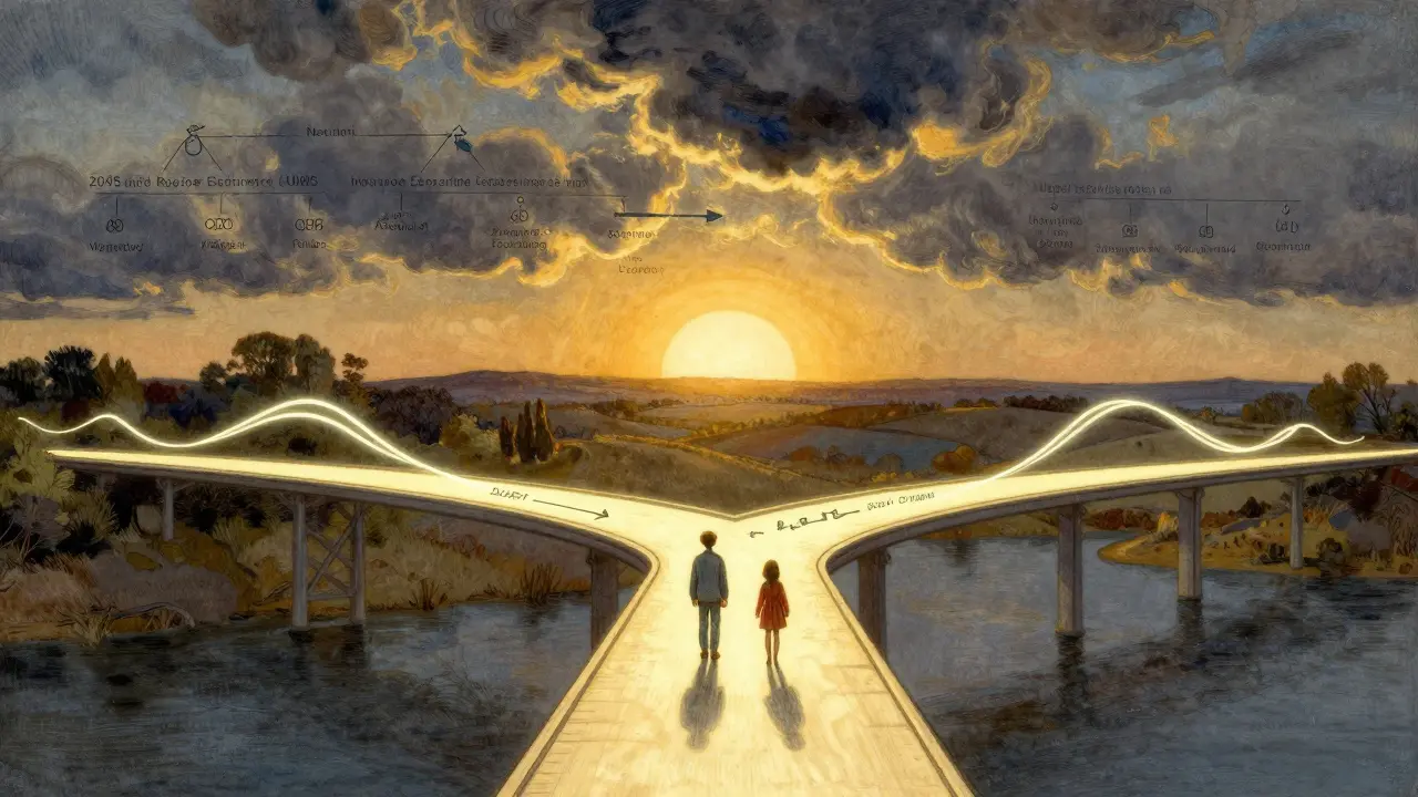 A family crossing a bridge of light symbolizing smoother healthcare transitions under new rules.