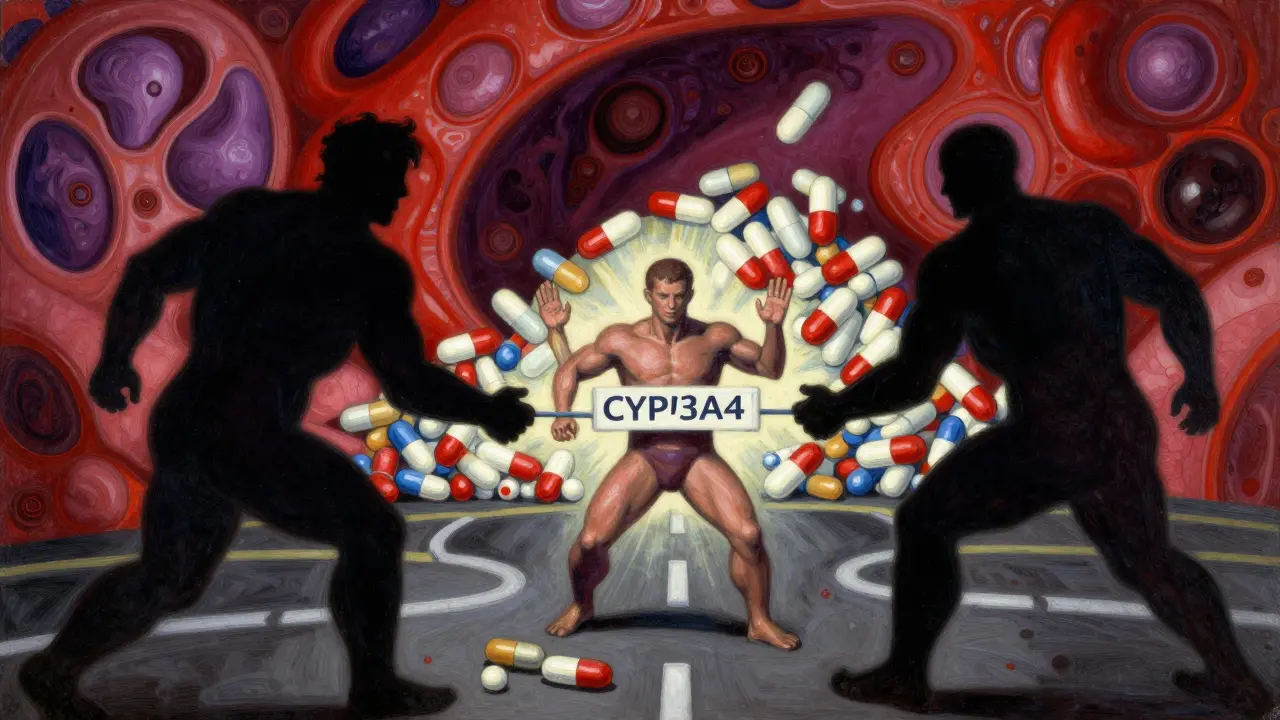 Allegory of blocked liver enzymes causing drug toxicity buildup