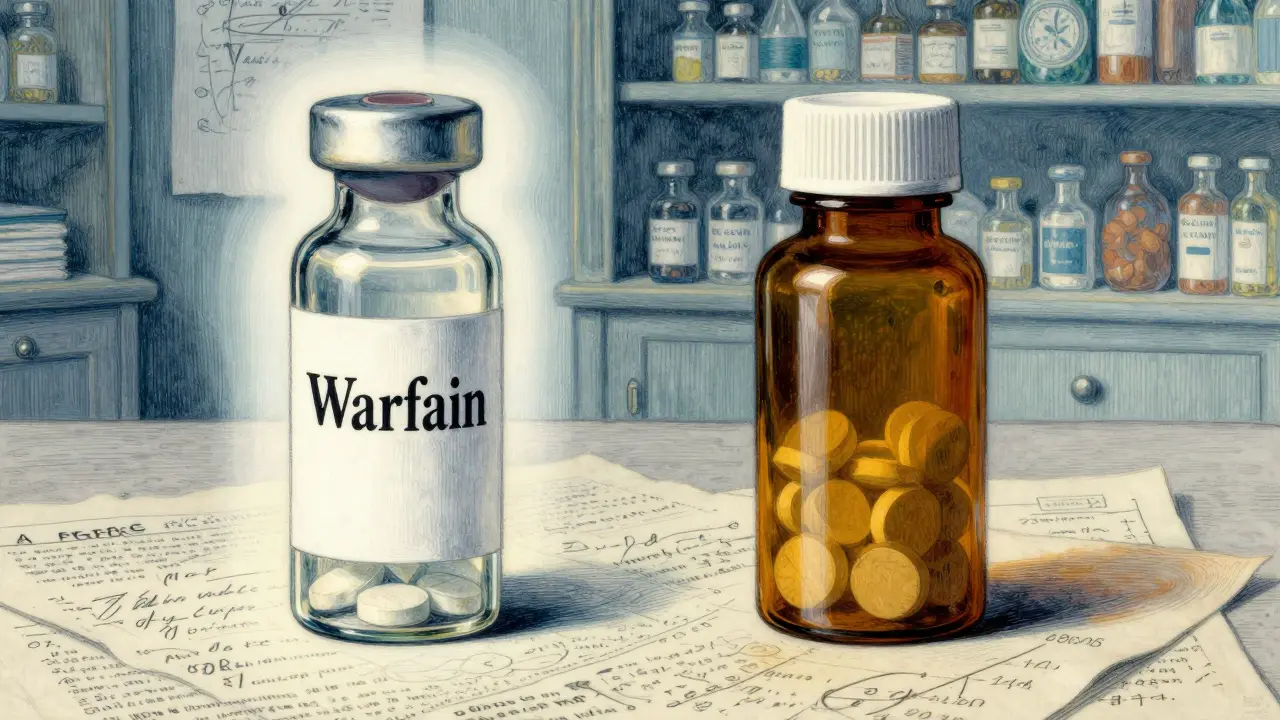 Comparison of brand and generic warfarin bottles showing equal efficacy.