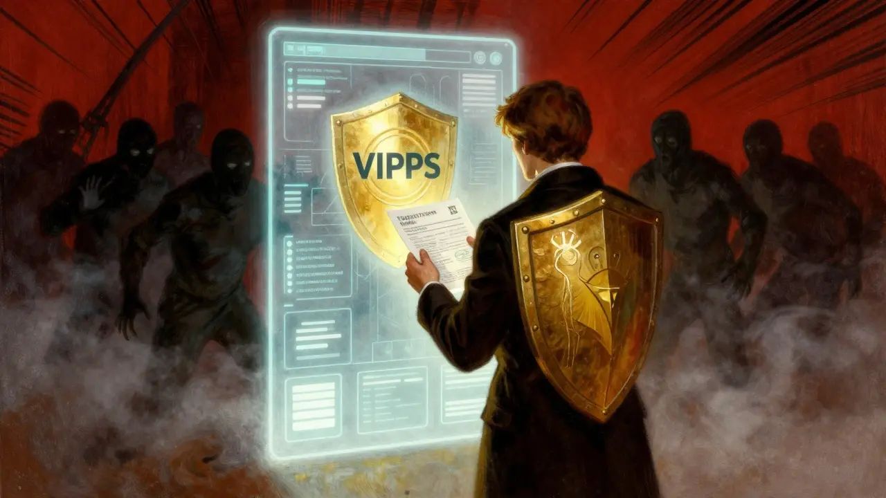 Consumer verifying safe online pharmacy credentials with a protective shield.