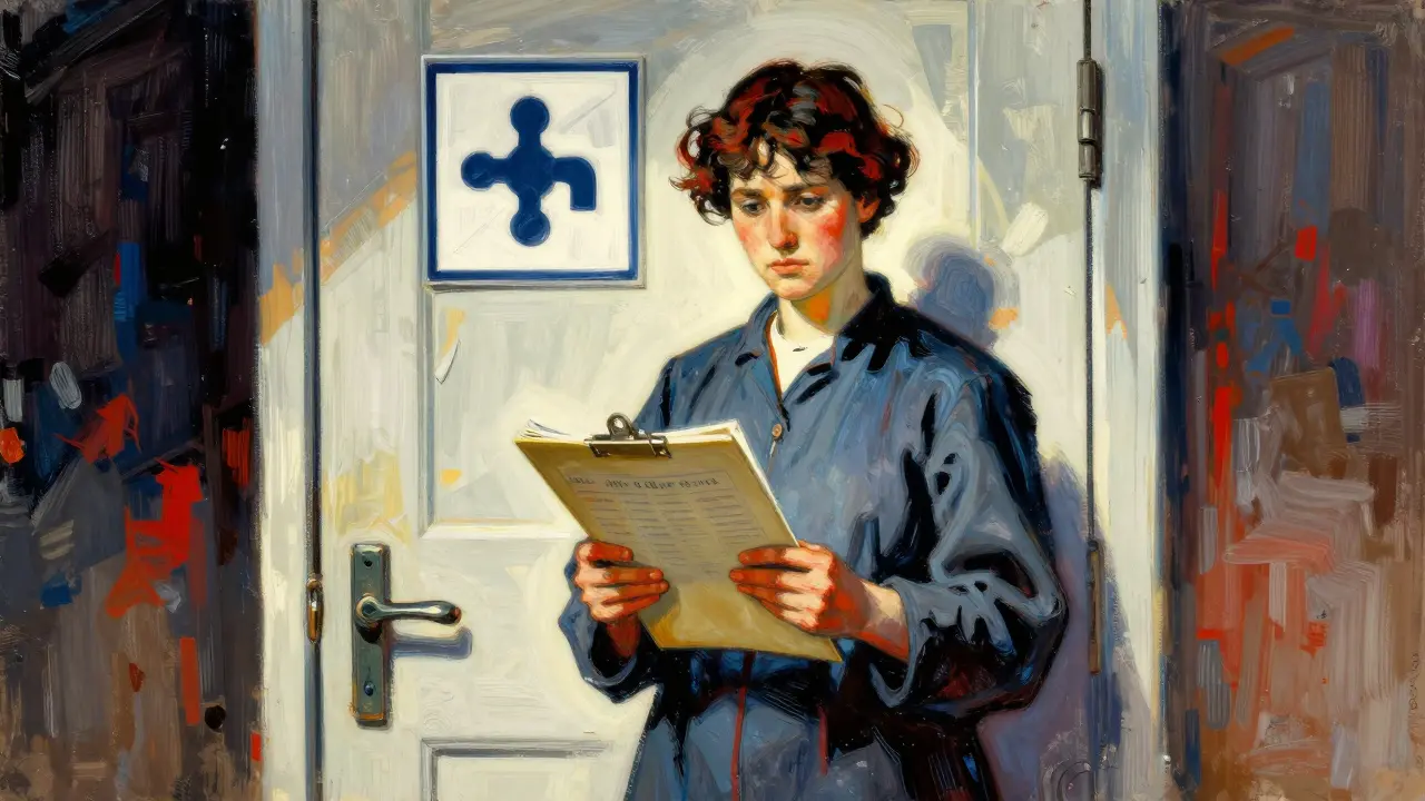 Determined patient holding documents before symbolic medical door