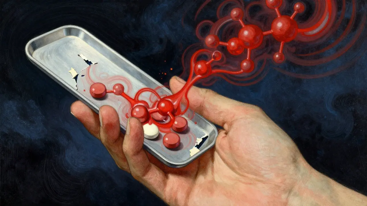 Dissolving tablet revealing complex molecular interactions