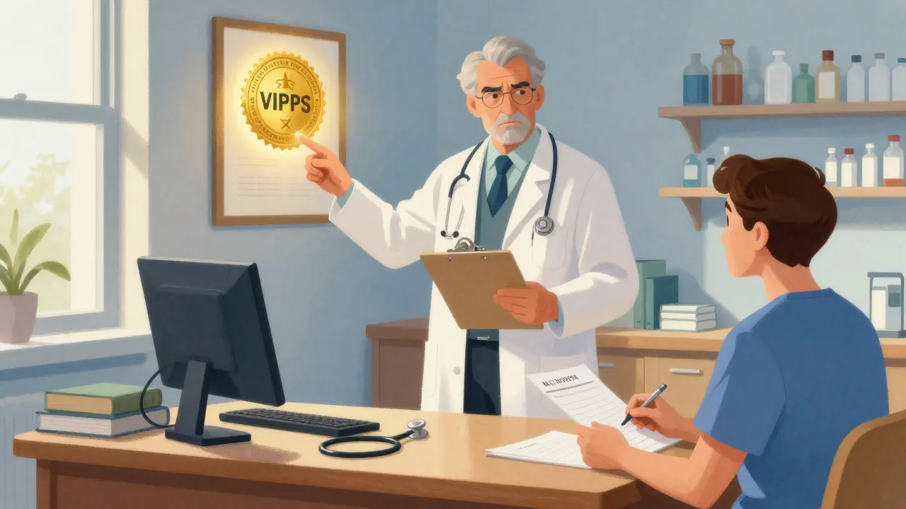 Doctor and pharmacist in sunlit office with VIPPS seal, representing safe pharmacy practices