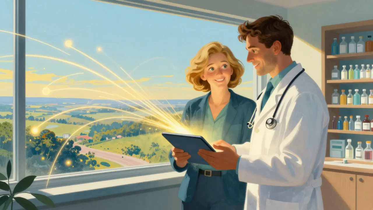 Doctors using digital tools for efficient care in a hopeful N.C. Wyeth illustration