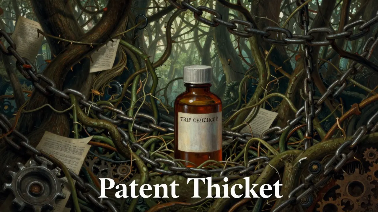 Generic drug bottle trapped in a dense thicket of thorny vines and chains