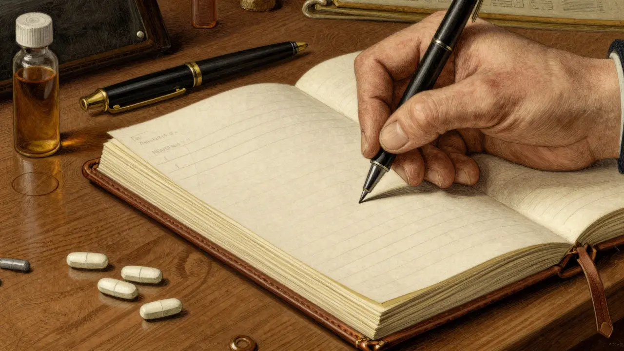 Hand writing symptom diary next to medications on wooden desk