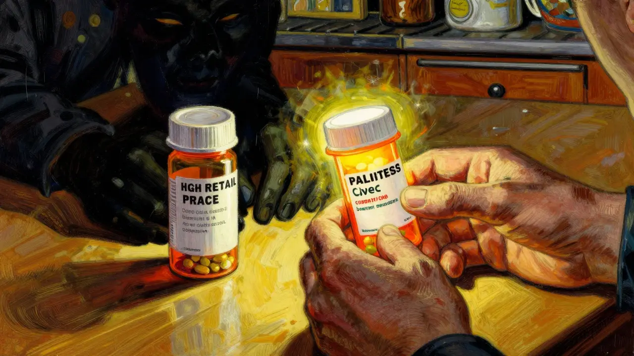 Illustration comparing expensive vs discounted medication bottles