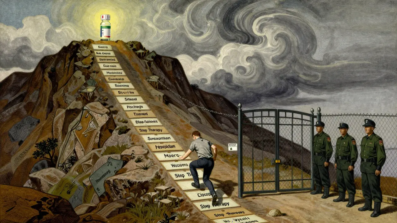Patient climbing a difficult mountain path blocked by insurance gates, N.C. Wyeth style