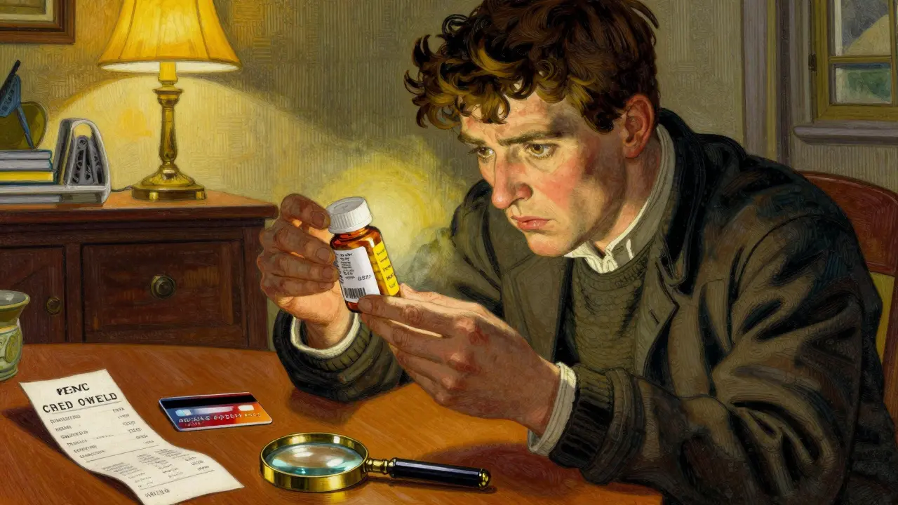 Person carefully inspecting medication label at home under warm lamp light