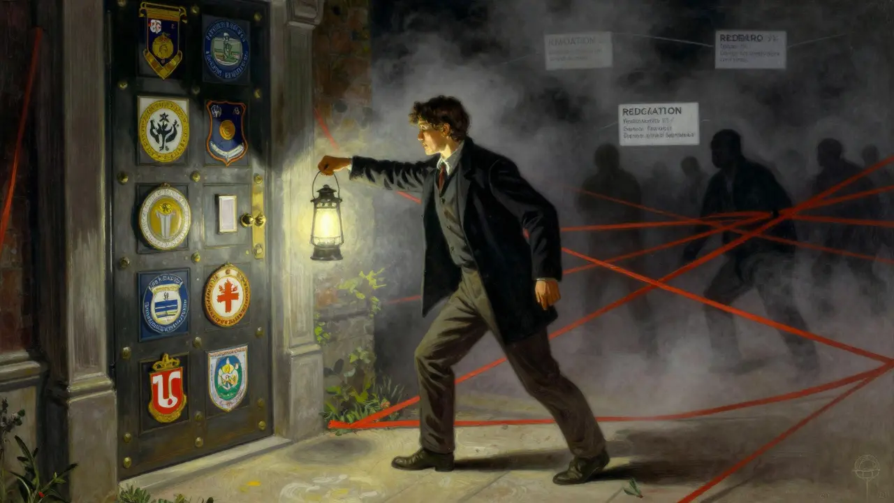 Person using lantern to navigate complex health insurance doors