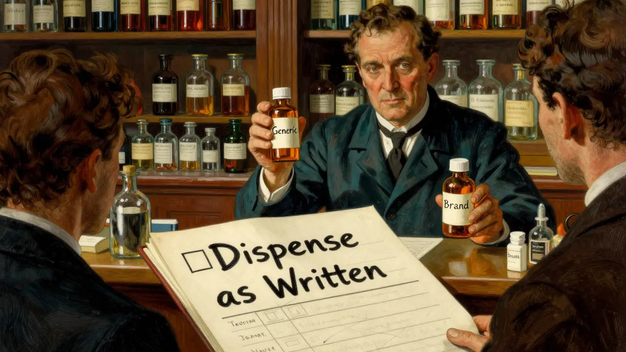 Pharmacist choosing brand over generic pill with written order