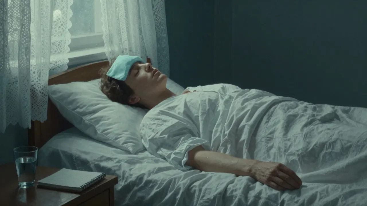 Resting figure with a cold compress in a dim, peaceful bedroom