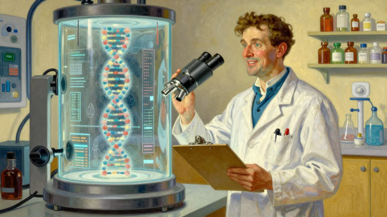 Scientist analyzing genetic data through a microscope representing predictive medicine