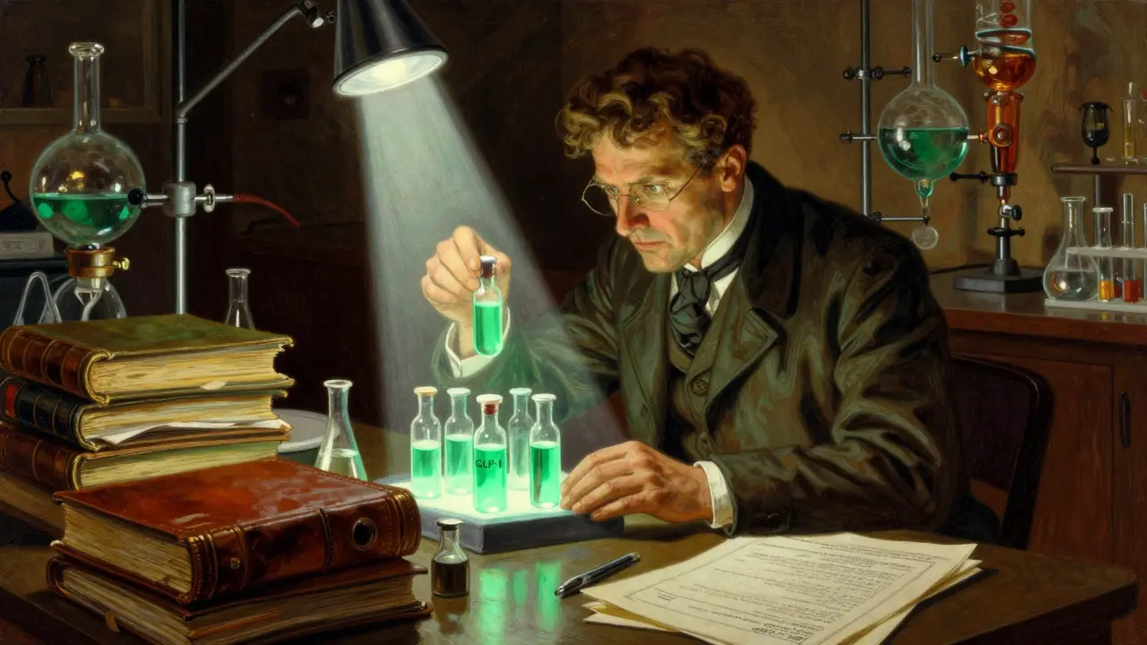 Scientist inspecting drug samples amidst piles of compliance documents