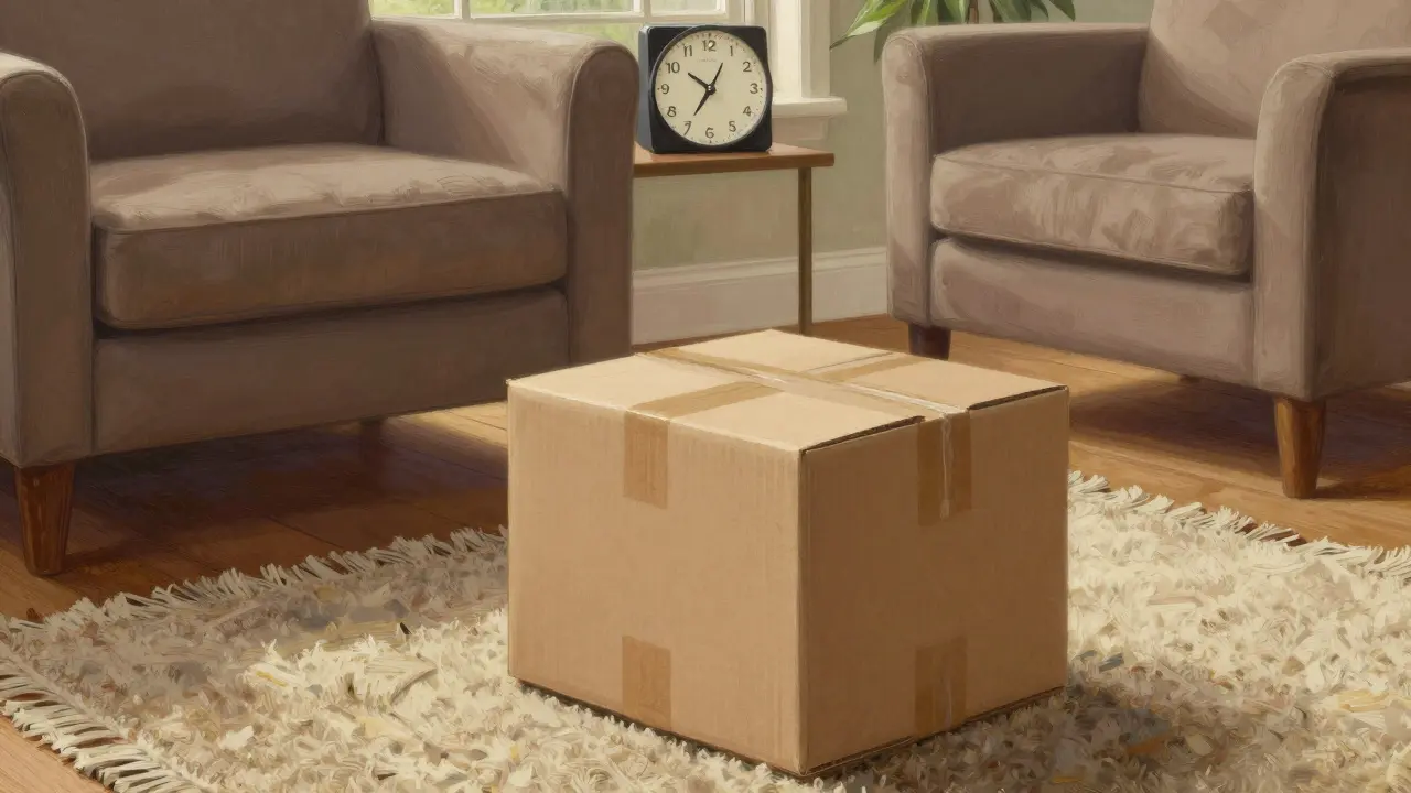 Sealed medication package delivered safely to a home living room