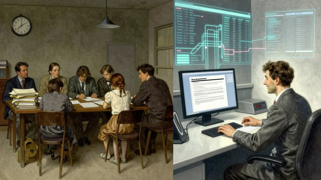 Split illustration contrasting slow manual paperwork with fast digital data verification for insurance.