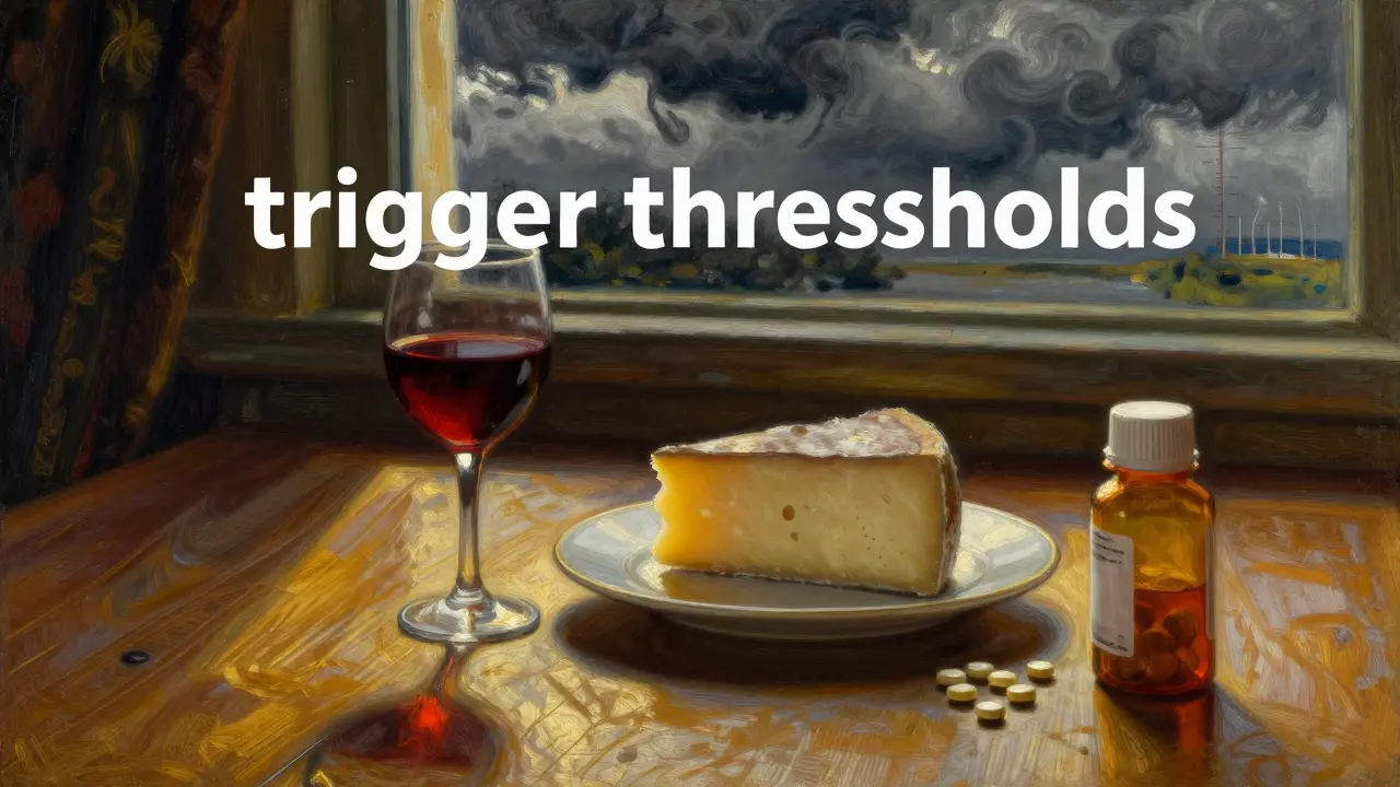 Still life of migraine triggers like wine and cheese under stormy window light
