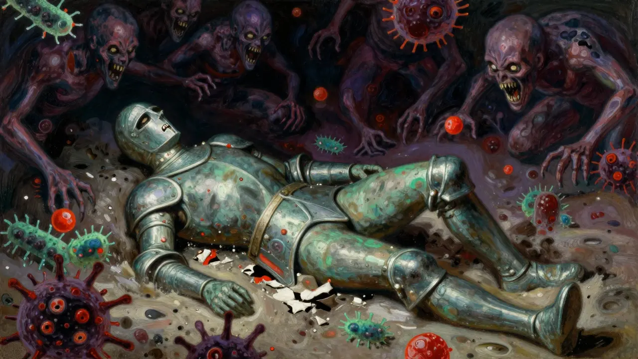 Symbolic illustration of a defeated immune cell surrounded by encroaching pathogens