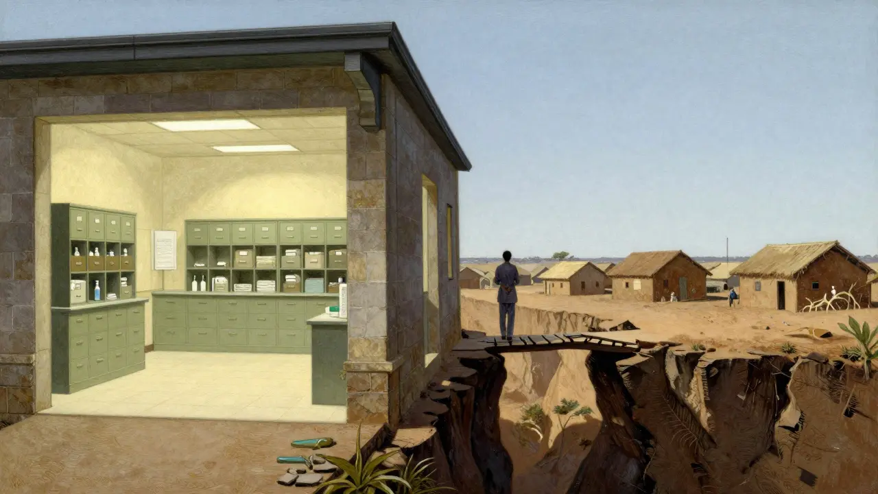 Contrast between well-equipped clinic and remote village health