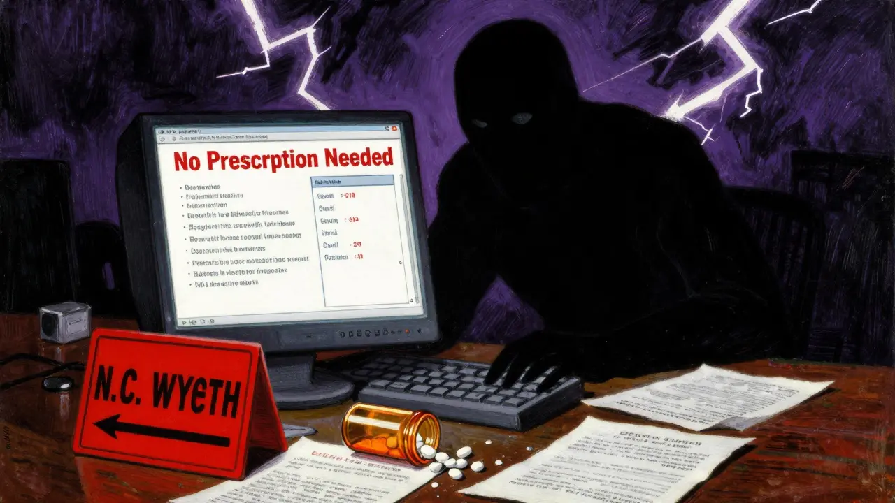 Dark illustration of dangerous fake online drug sites