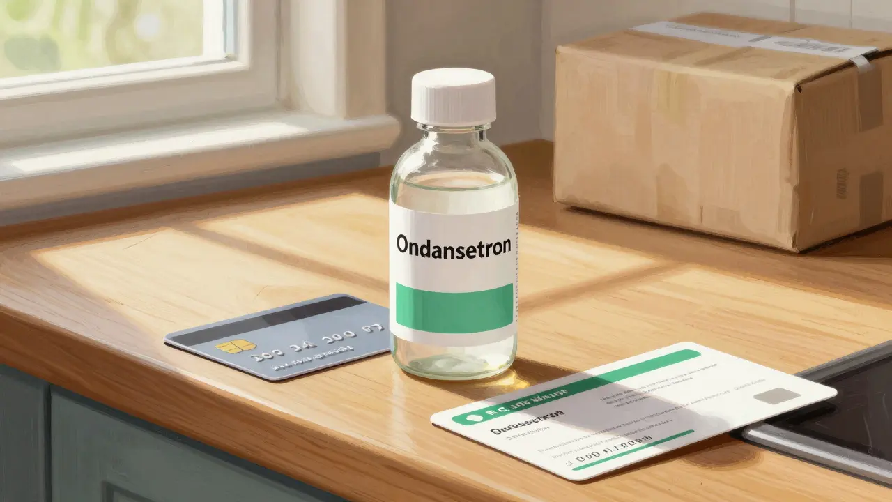 Generic ondansetron bottle on counter with discount card