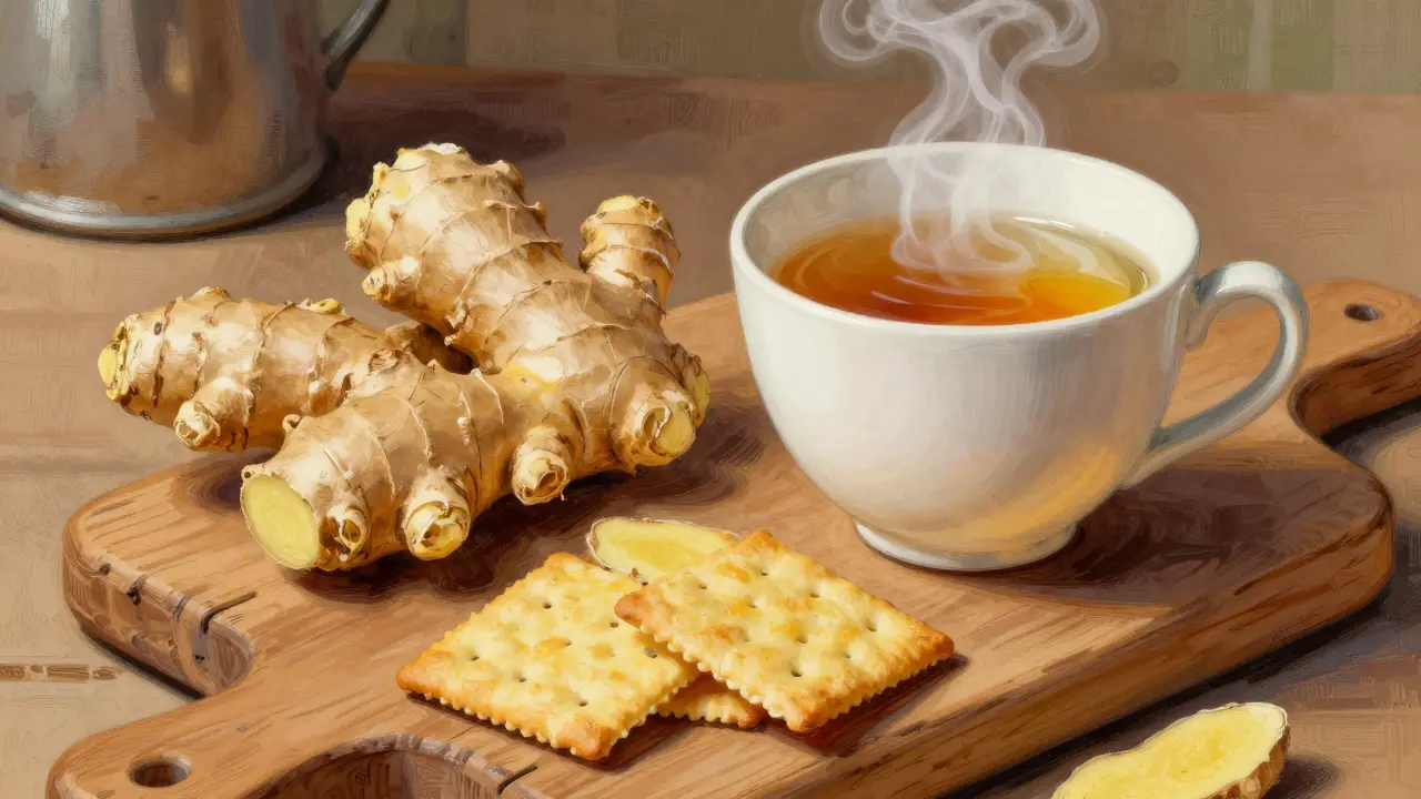 Ginger root and steaming tea cup on wooden table representing remedies
