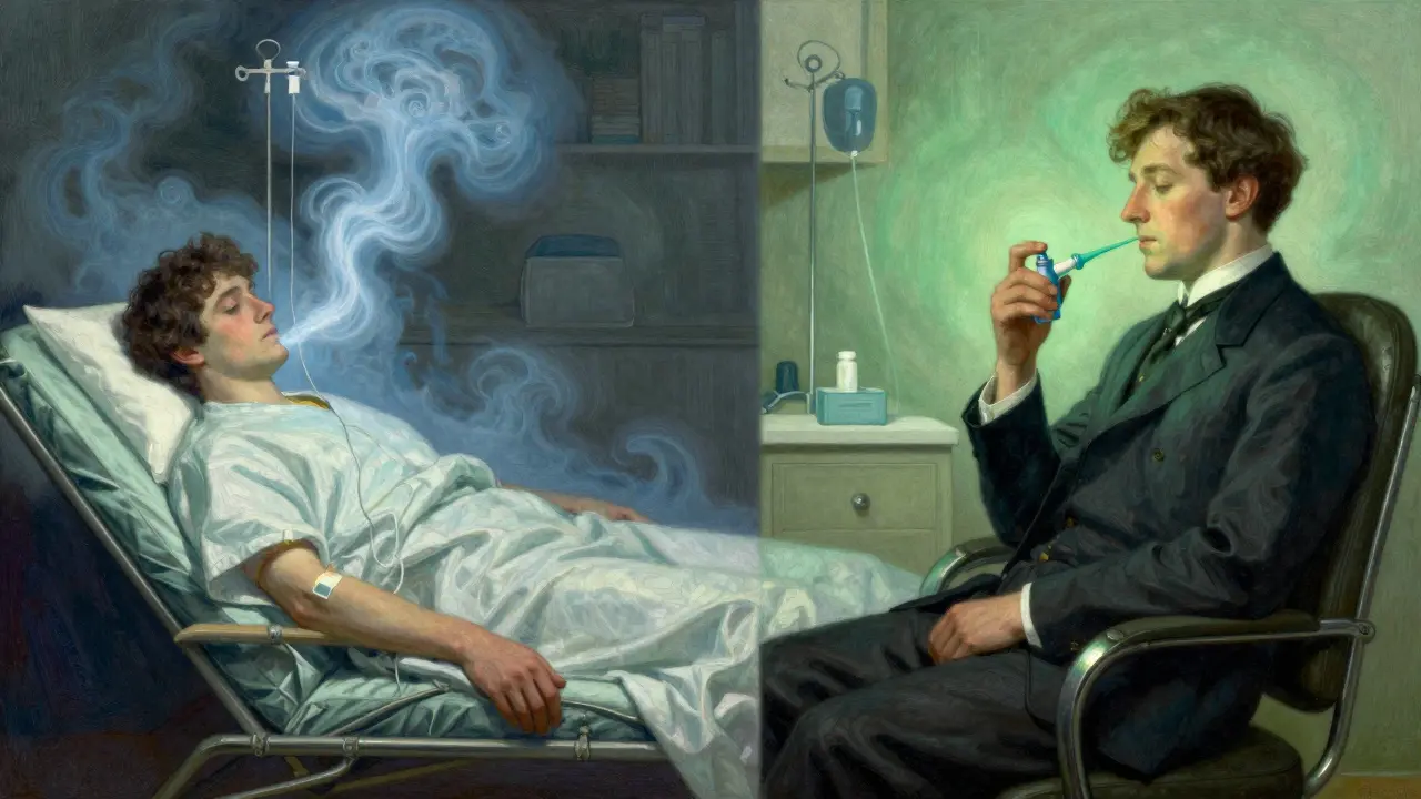 Illustration comparing IV infusion with mist to nasal spray with soft light