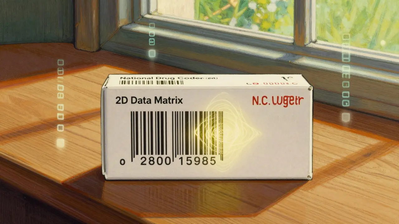Medicine box with glowing barcode showing its unique digital ID