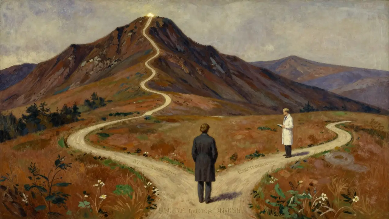 Patient at crossroads choosing between steep mountain path and gentle valley