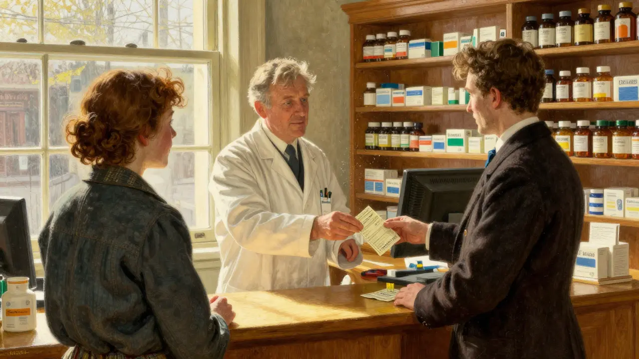 Pharmacist handing prescription to a customer